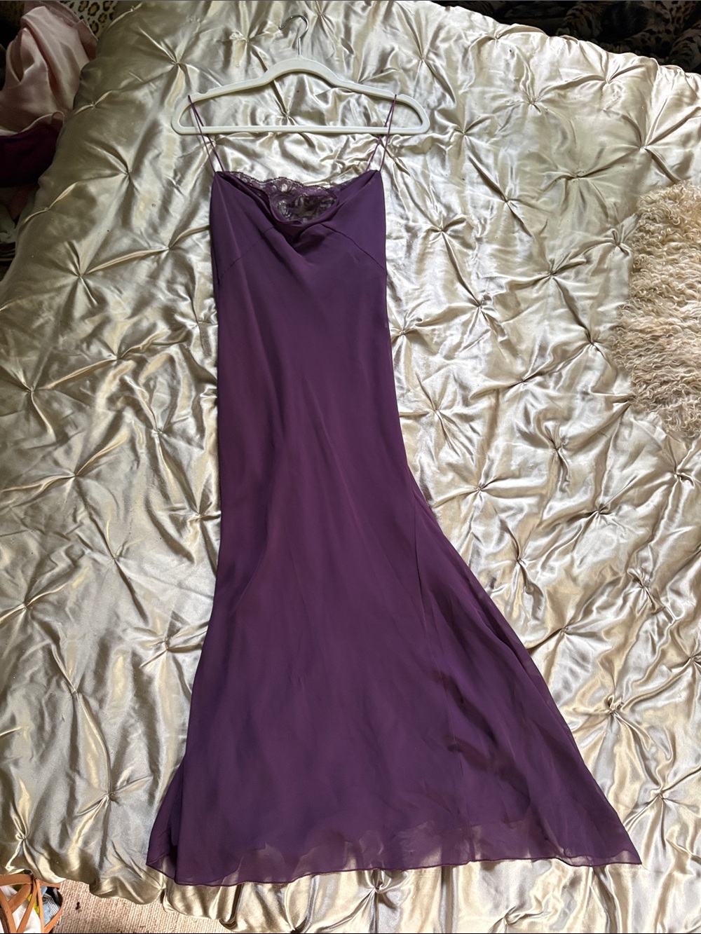 Lace Cowl Neck Luxury Elegant Purple Slip Dress with Lace Trim